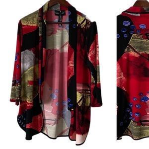 FRANK LYMAN Jacket Cardigan Kimono Vibrant Artsy Open Front Cascading Edge Sz 12